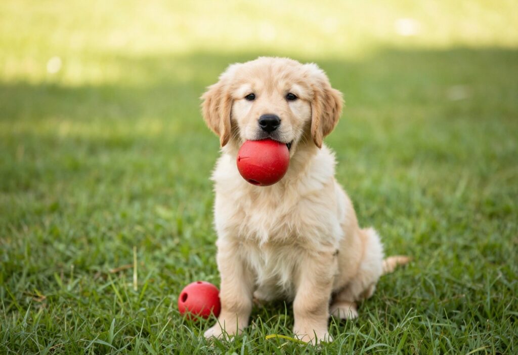 Golden retriever puppy holding a red rubber toy in its mouth, ready to play drop it game