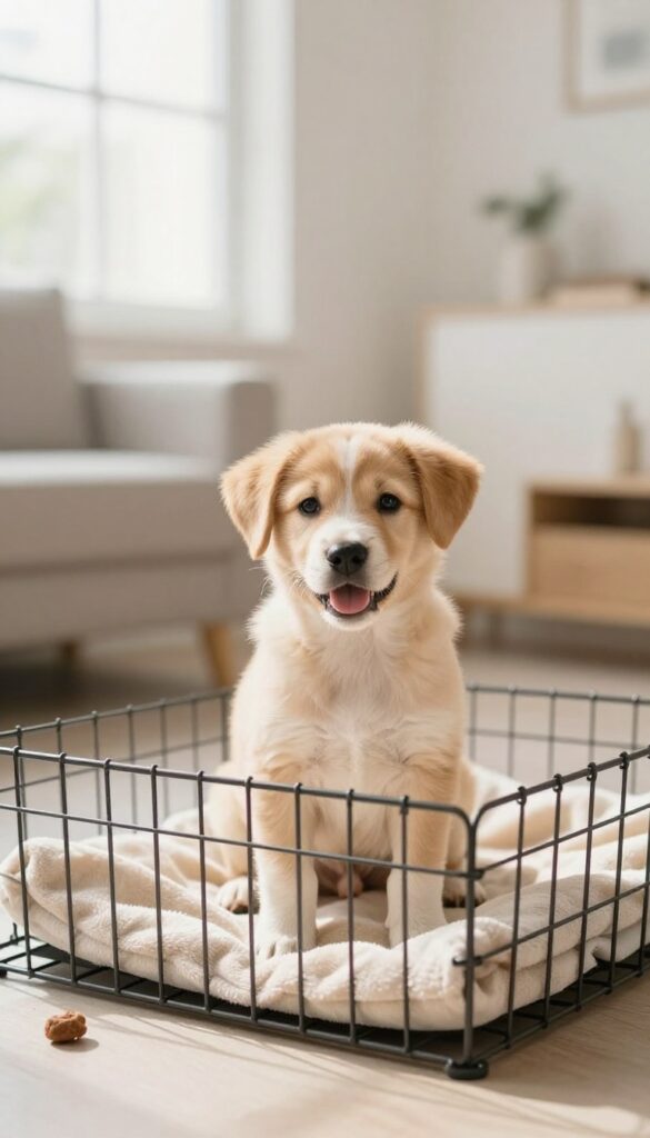 Calm puppy sitting in a crate with a treat, bright natural light