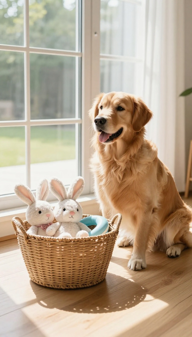 A golden retriever sitting next to a basket of toys, looking at a plush bunny, in a bright living room.