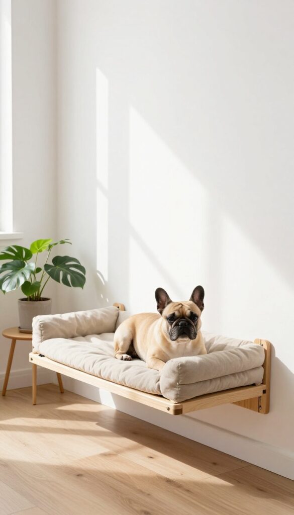 A small dog resting on a wall-mounted bed in a bright, modern hallway, showcasing a space-saving solution for small homes.