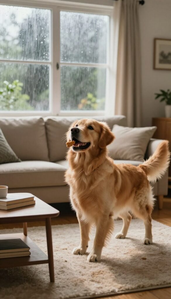 Golden retriever spinning in a bright living room on a rainy day