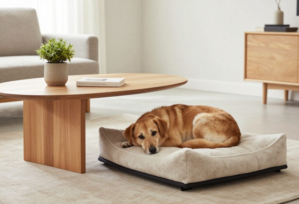 End table with built-in dog bed in a cozy living room