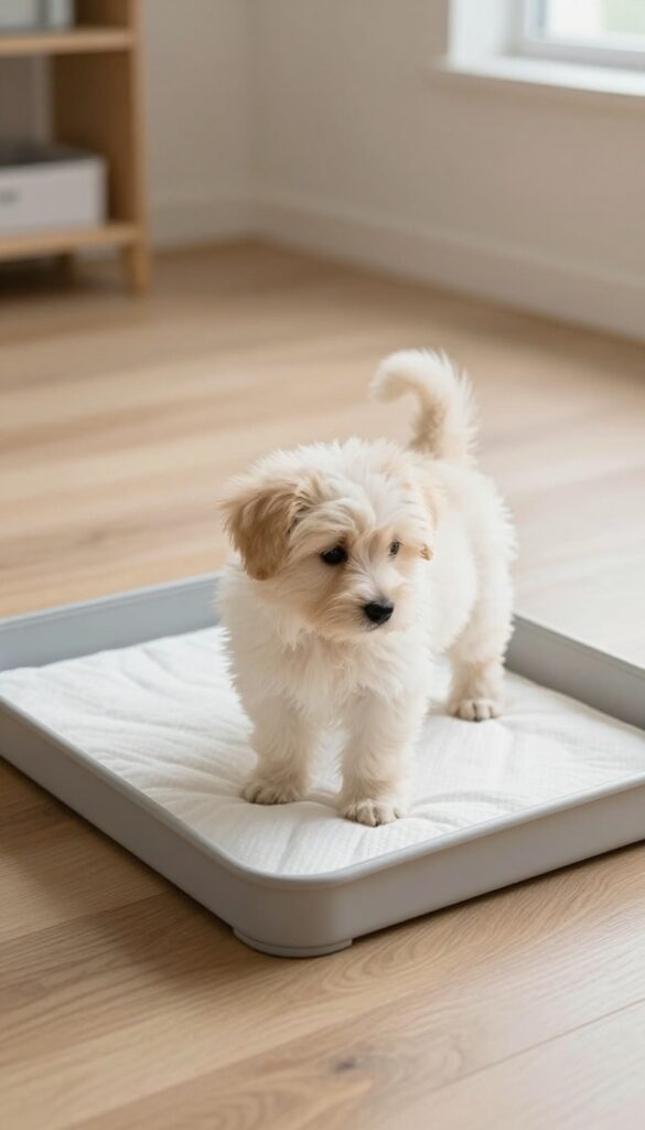 Puppy standing on a secure puppy pad holder in a bright room