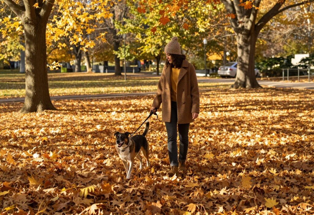 Person walking a dog on a leash through a park with fall foliage