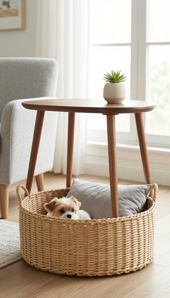 Mid-century modern end table with woven basket dog bed in a bright living room