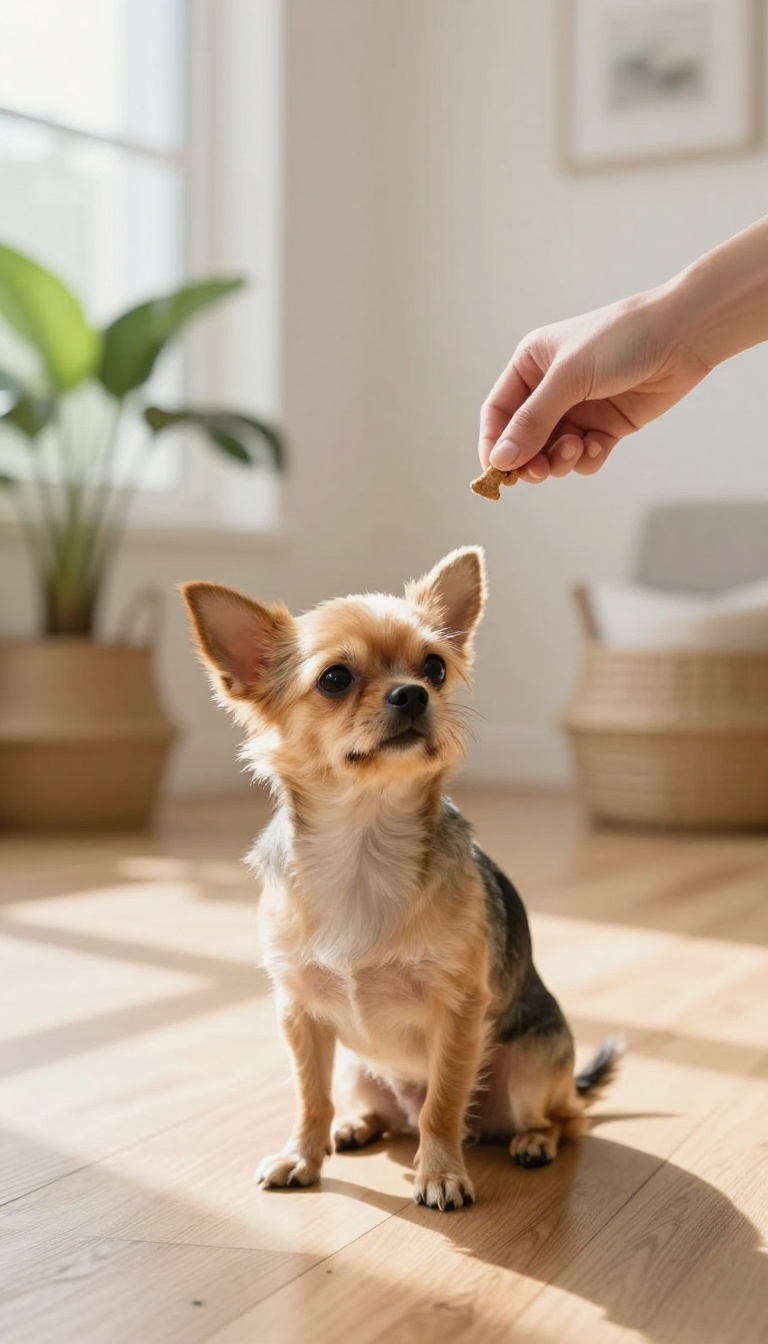 Small dog sitting obediently during a training session in a bright living room
