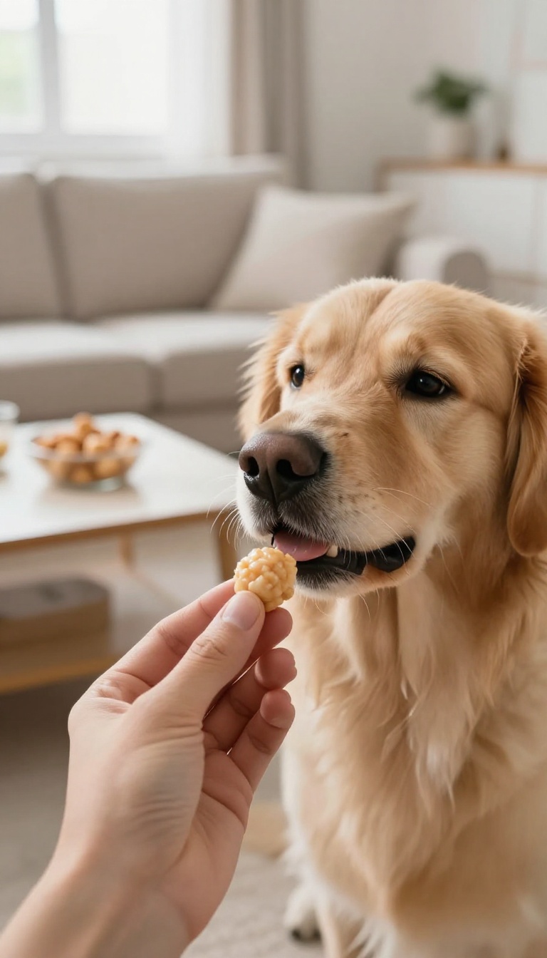 Hand feeding a dog a small treat during a marker word training exercise