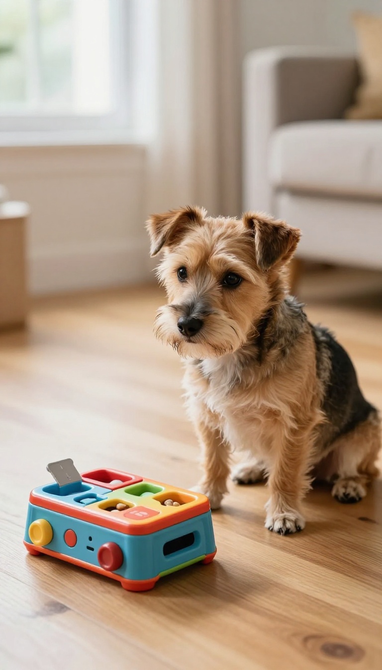 Shy dog solving a puzzle toy for treats in a bright living room