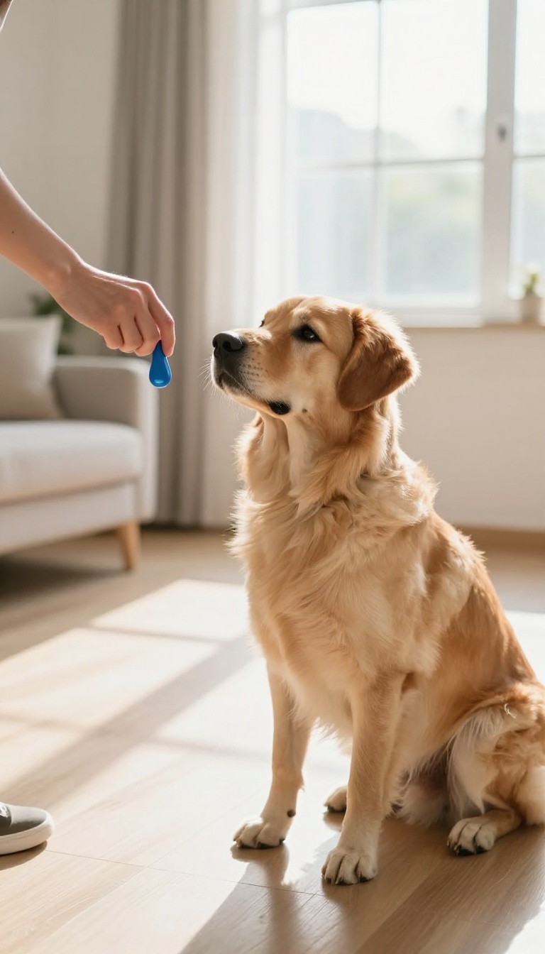 Dog trainer using a clicker to reinforce a sit-stay with a calm dog in a bright living room