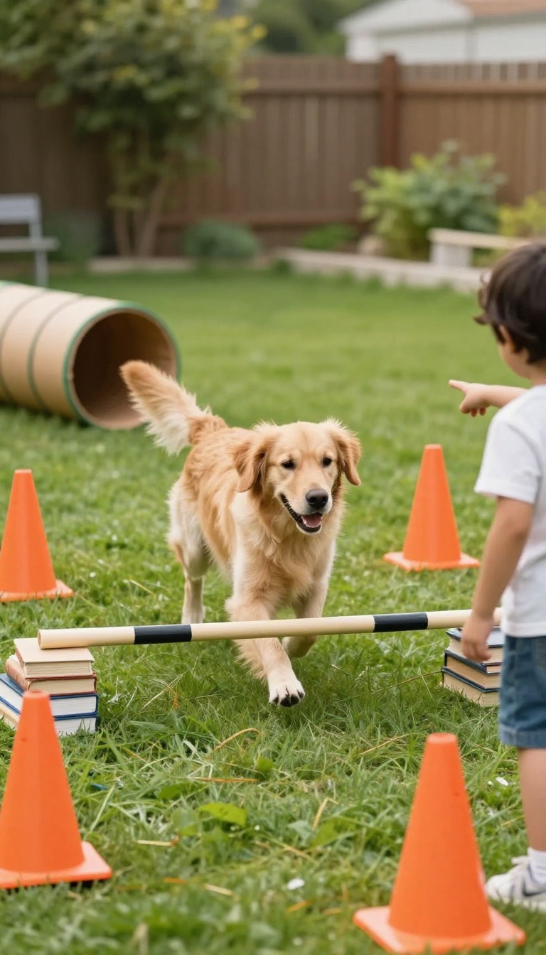 Child guiding a dog through a homemade obstacle course in a sunny backyard.