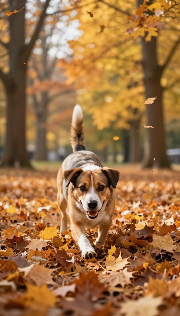 A dog joyfully playing in a pile of autumn leaves in a sunlit park.