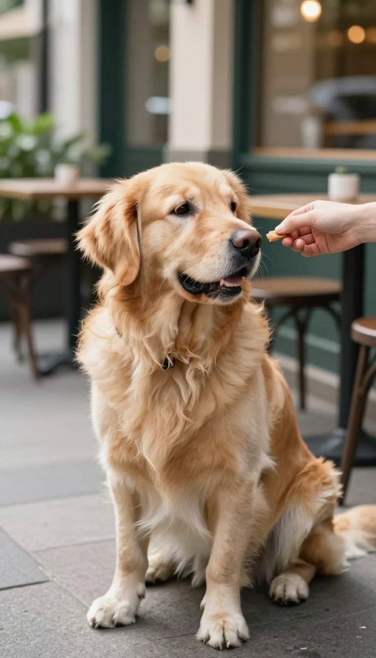 Dog at a sidewalk café ignoring a sandwich on the ground, focusing on a treat from its owner