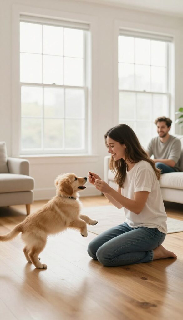 A puppy running to its owner while a friend watches from the couch, illustrating a dog training game with distractions.