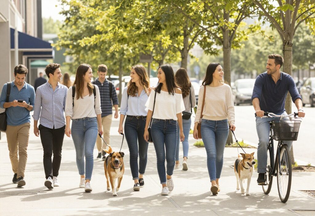 People walking courteously on a sunny sidewalk, with a dog on a leash and a cyclist passing politely.