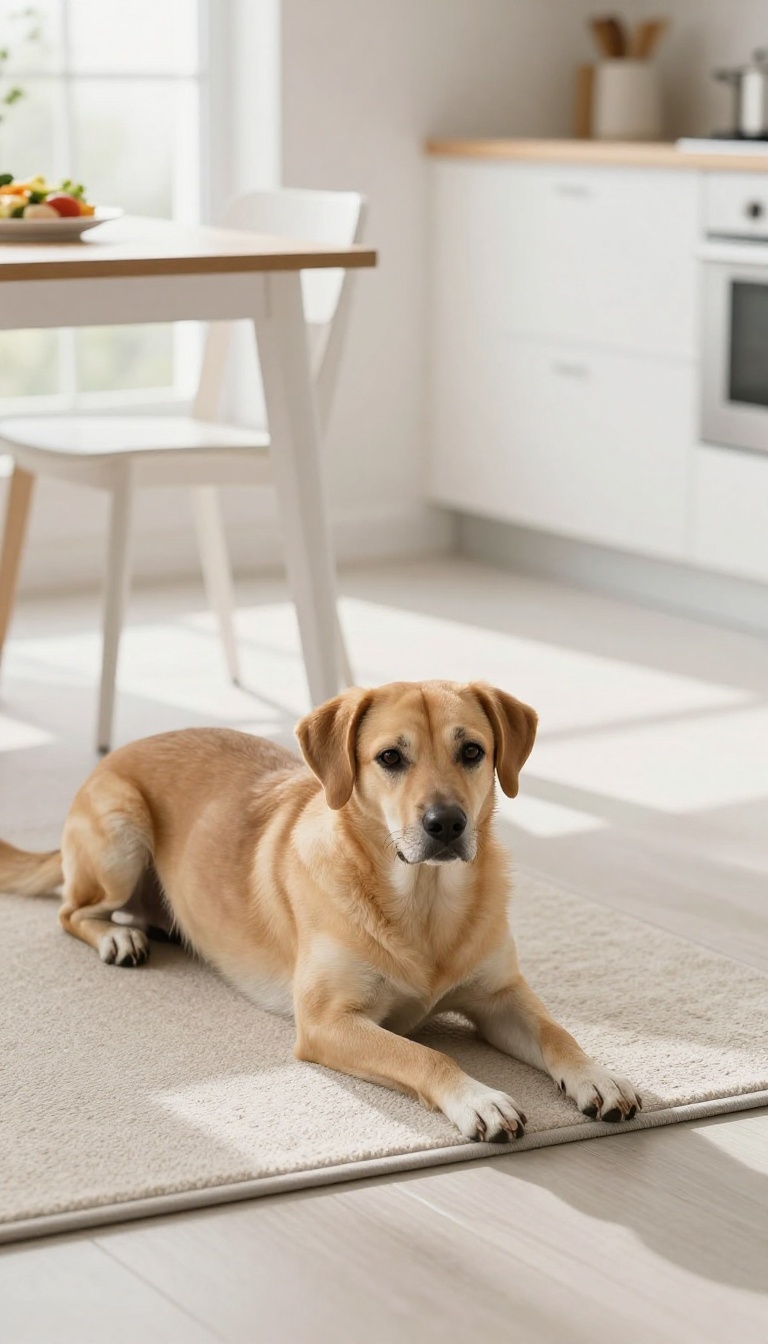A calm dog lying on a mat near a dining table, ignoring food, in a bright kitchen setting