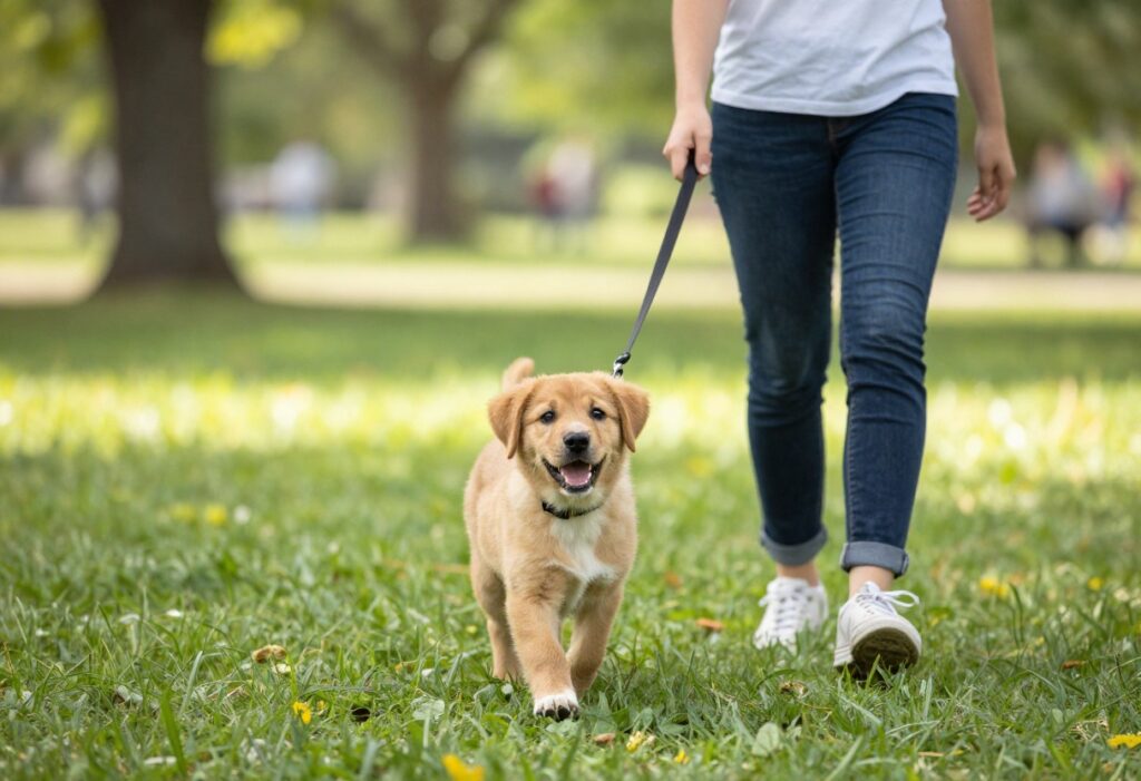 Puppy walking calmly on a leash in a park