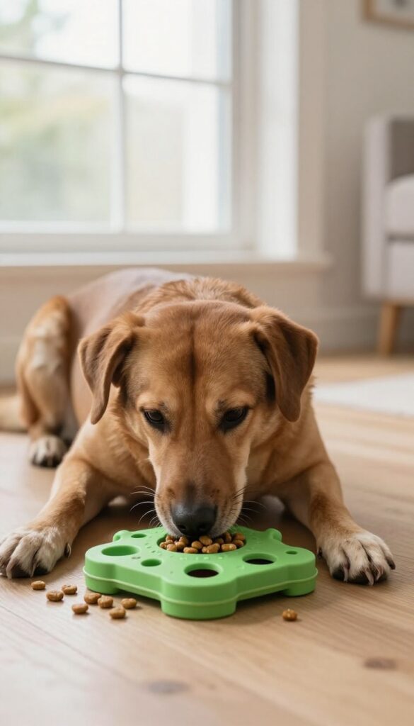 Calm dog using a puzzle feeder toy during a slow feeding ritual in a bright living room