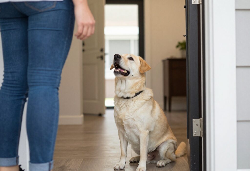 A calm dog sitting by the front door as a person enters, demonstrating quiet behavior.
