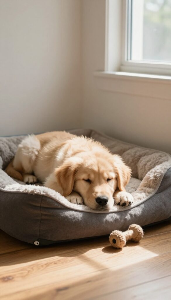 A calm golden retriever puppy relaxing on a cozy dog bed in a sunlit living room