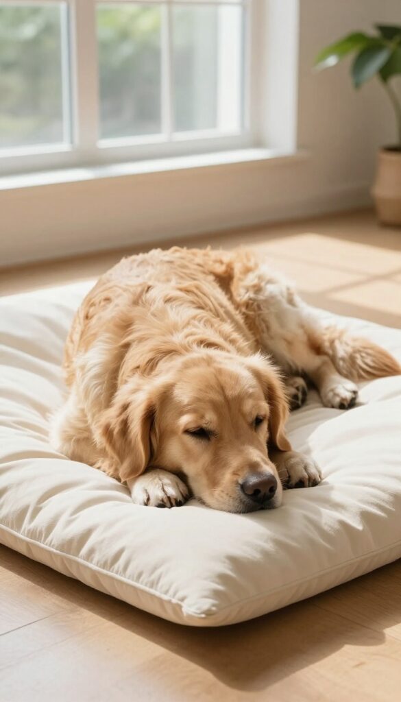 Golden retriever lying calmly on a mat in a bright living room