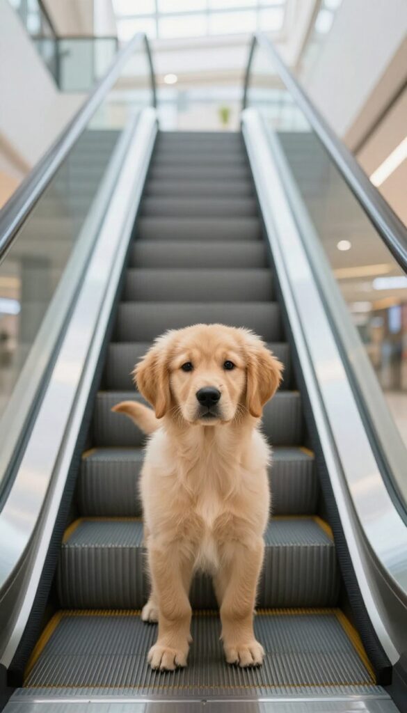 A confident puppy standing on a stationary escalator in a bright mall, representing a socialization training moment.