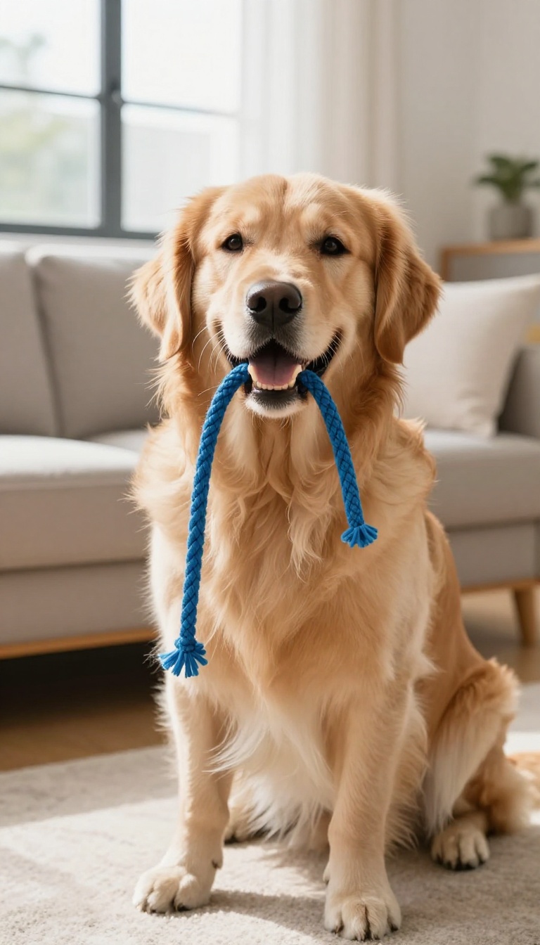 Golden retriever holding a blue rope toy in a bright living room, demonstrating fetching a specific item.