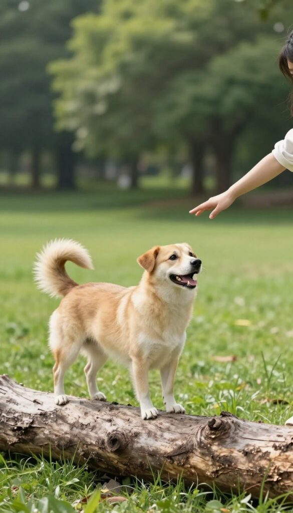 Dog balancing on a log during a parkour training session in a park