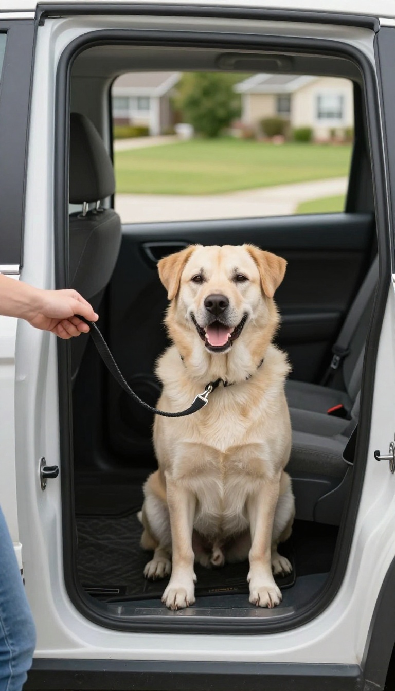 Dog waiting calmly at an open car door during training