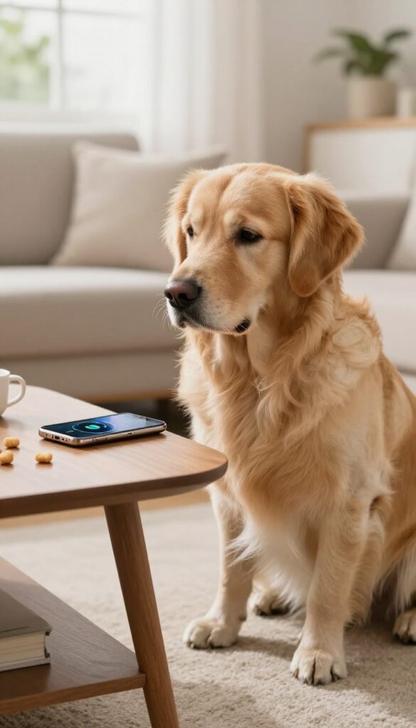 Calm golden retriever near a phone playing a doorbell sound with treats on a coffee table