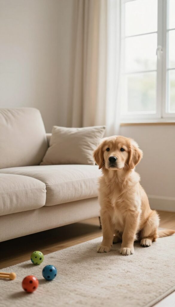 A golden retriever puppy peeking around a sofa corner in a bright living room, playing a hide-and-seek game.