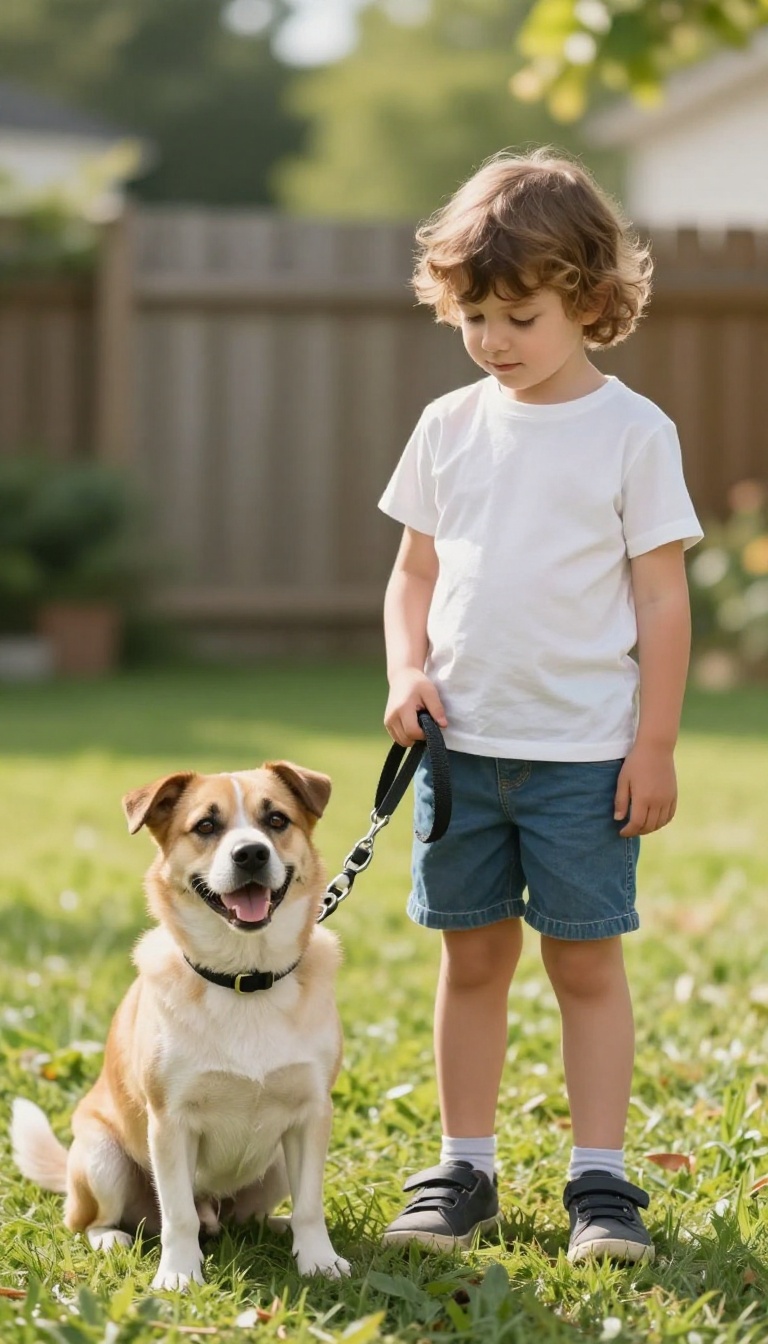 Child and dog playing red light, green light in a sunny backyard
