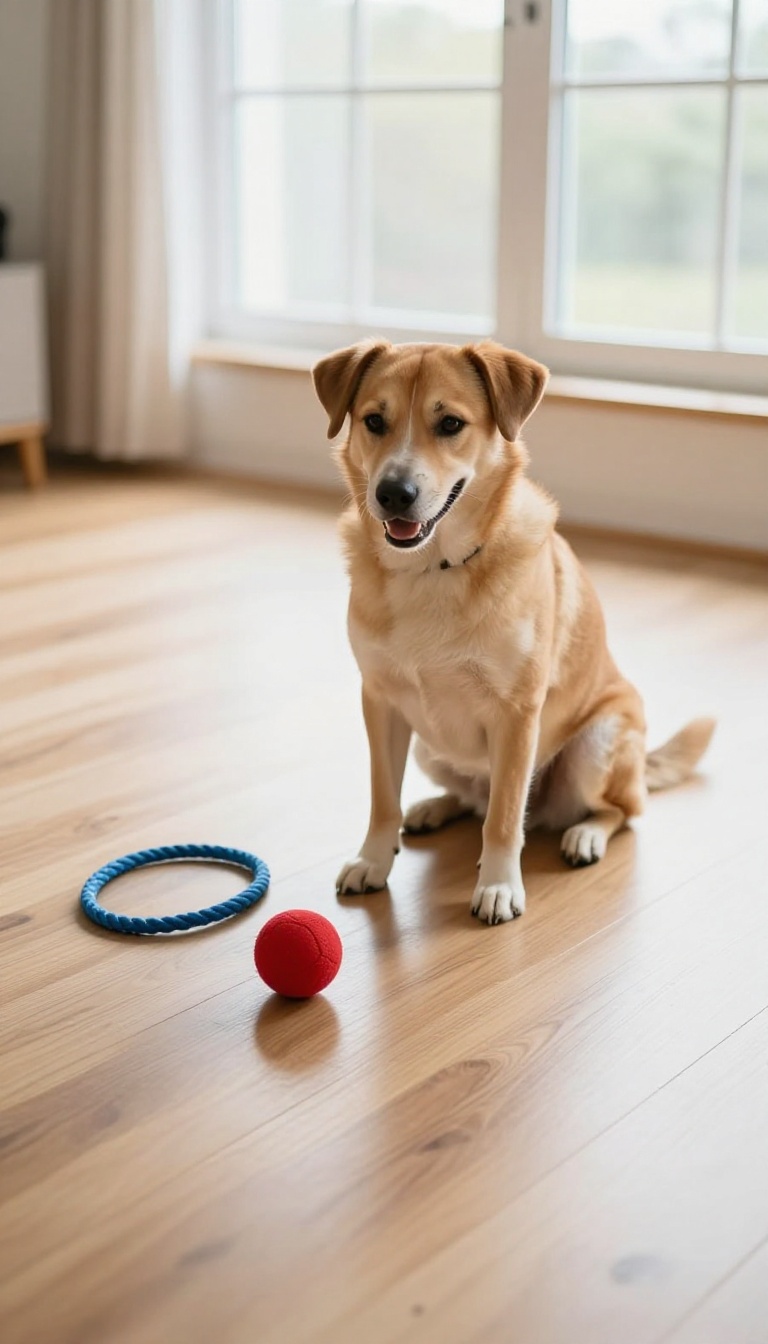 A dog sitting in a bright living room with two toys on the floor, ready for a name game training session.