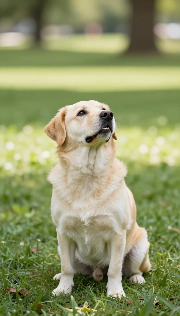 A dog sitting calmly on a grassy path in a park, looking up at a treat held by its owner, illustrating the recall sit game.