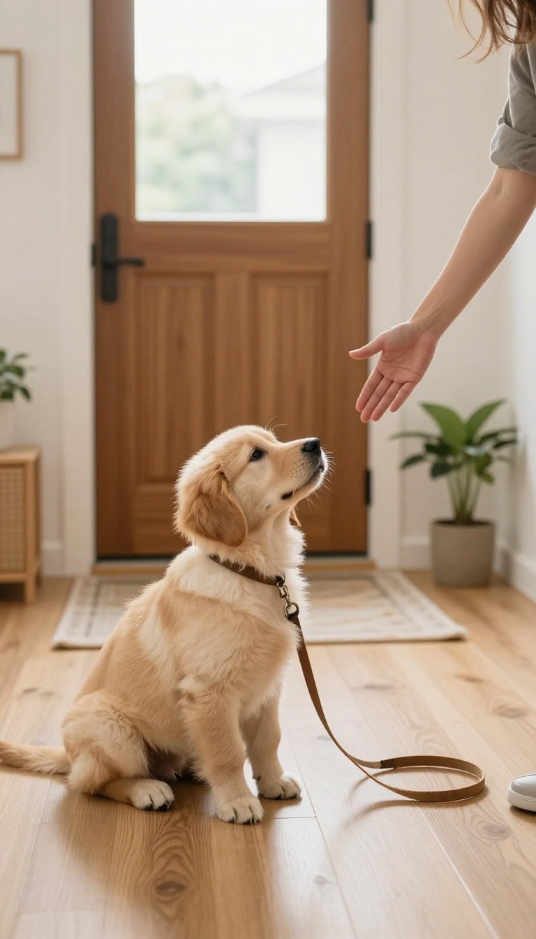 Puppy sitting calmly at a closed front door during a training session