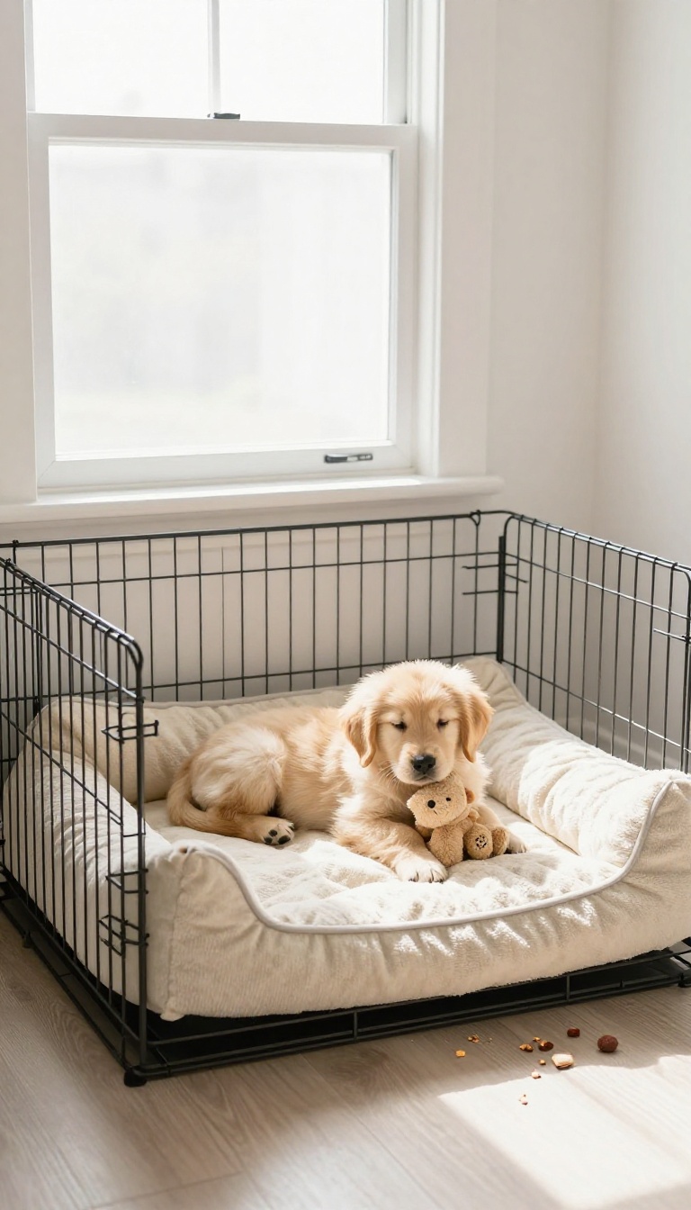 A golden retriever puppy resting peacefully inside a cozy, blanket-covered crate in a sunlit room