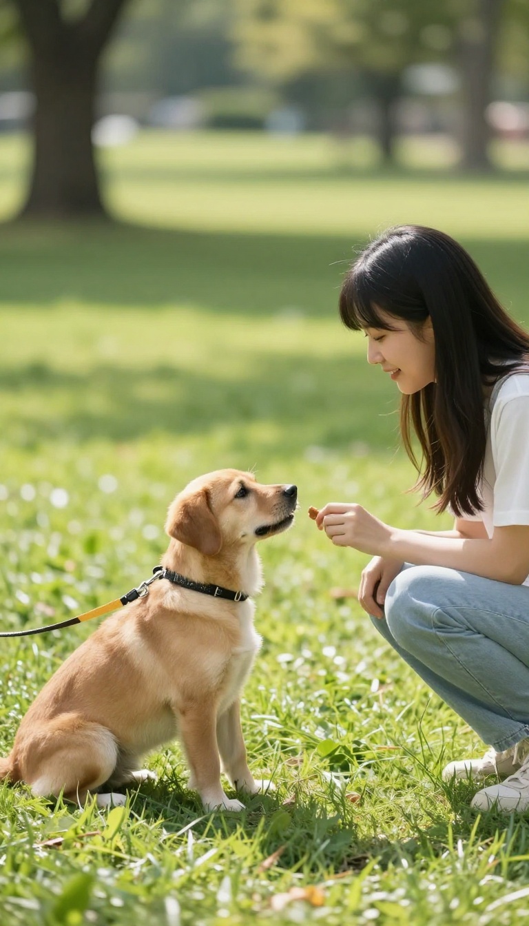 A calm dog sitting on a leash during a controlled greeting with another dog in a sunny park