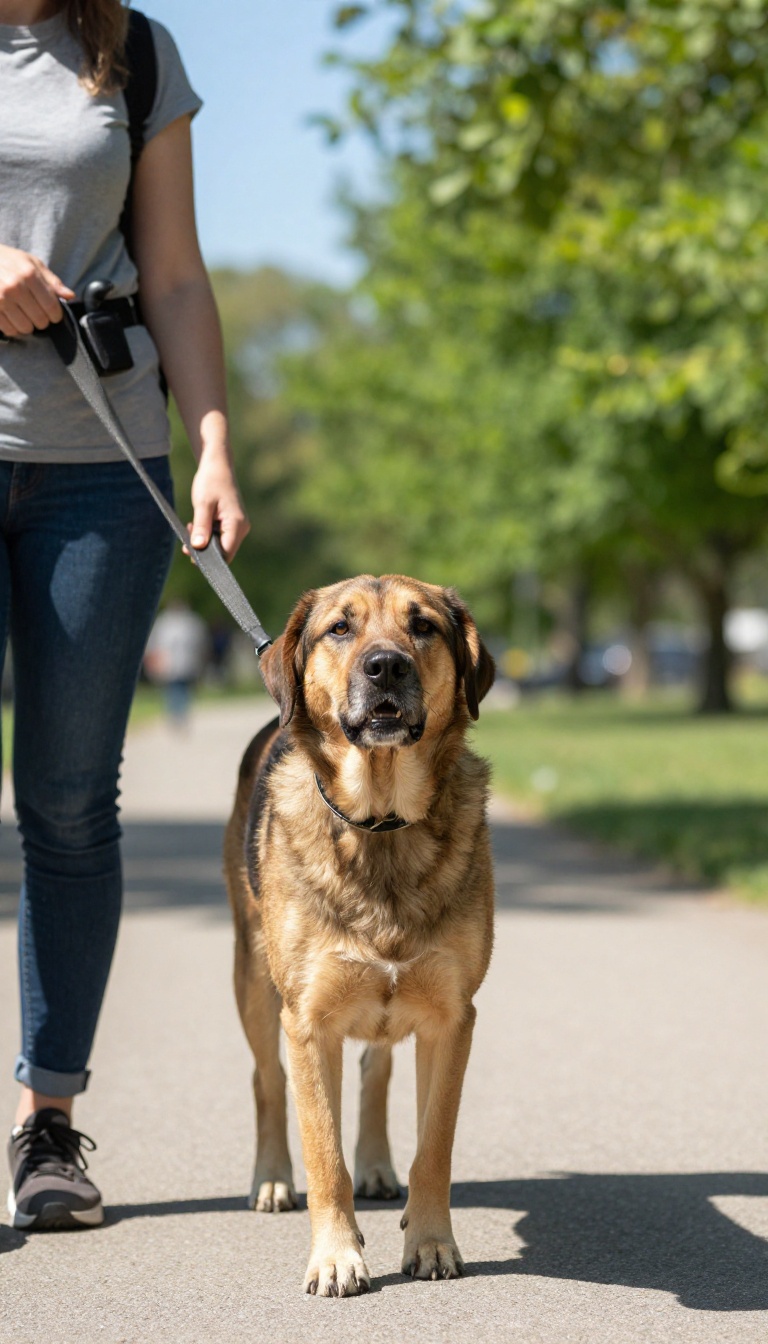 Person rewarding dog for eye contact during a walk