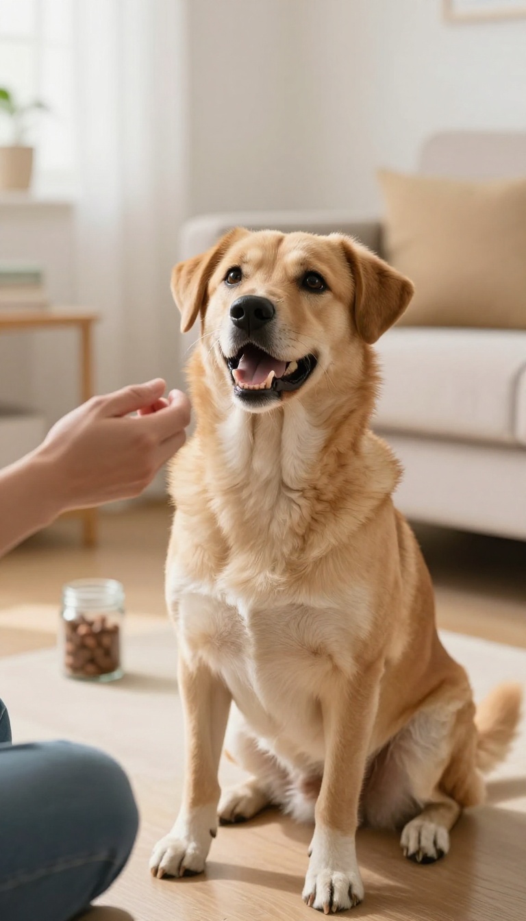 Dog sitting attentively while owner's hand is empty, with treats visible but out of reach, illustrating variable reward training.