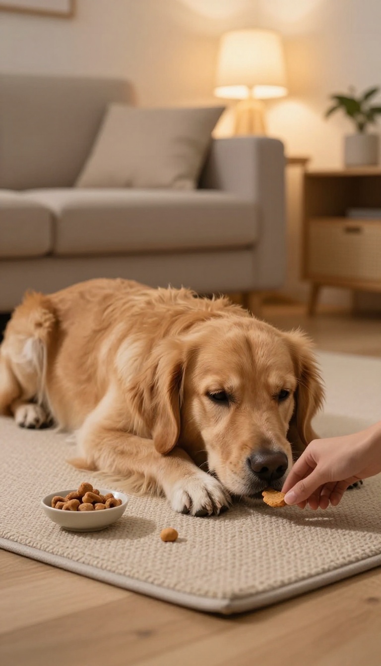 A dog lying calmly on a mat in a cozy living room during the evening, with a person offering a treat.