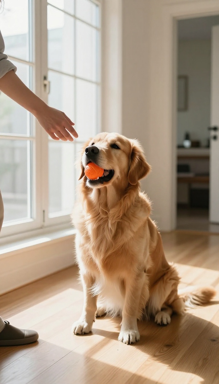 Dog holding a toy ball during guest greeting training