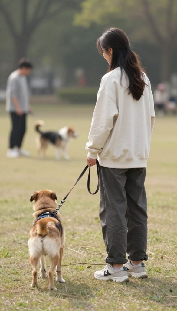 Dog trainer using a long line with a dog in a park, dog looking back at trainer, distractions in background