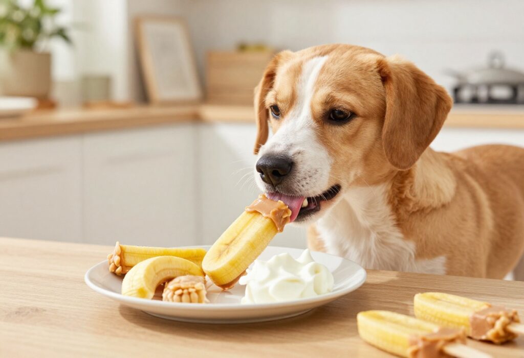Puppy enjoying a homemade frozen dog treat on a sunny day