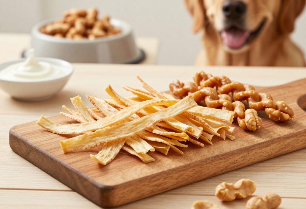 Homemade sweet potato ribbon dog treats in three varieties on a wooden board with a dog bowl nearby