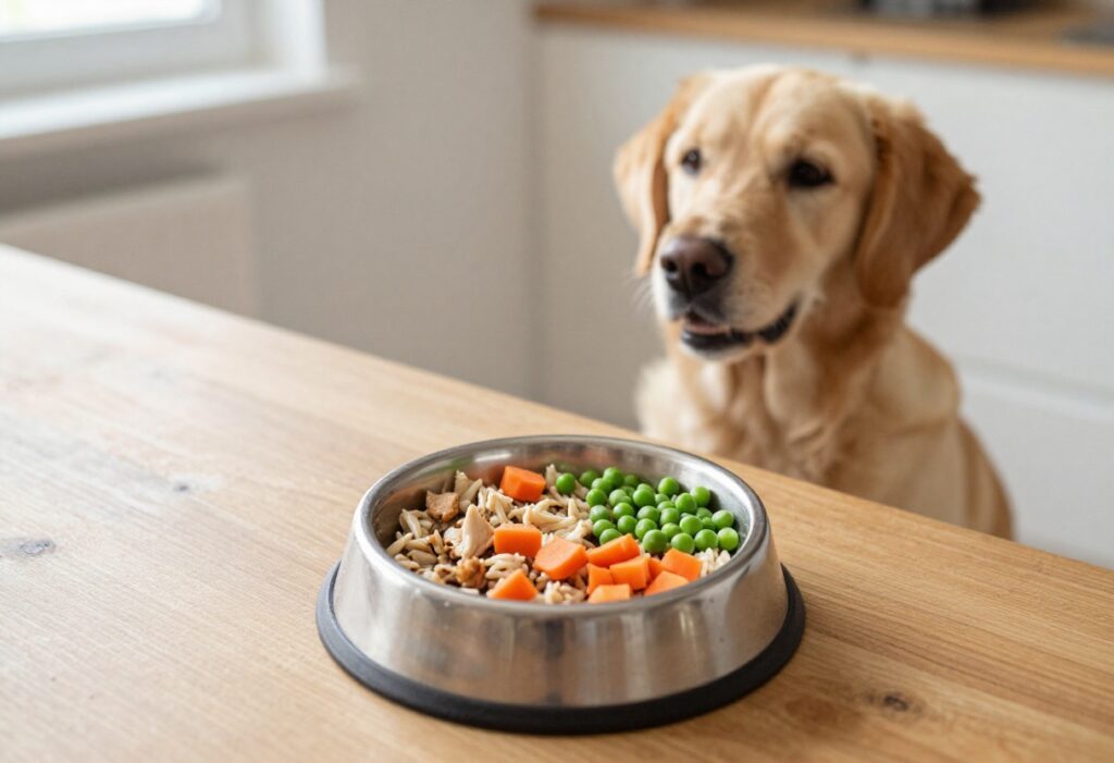 Homemade dog food with chicken, rice, and veggies in a dog bowl, with a dog waiting nearby