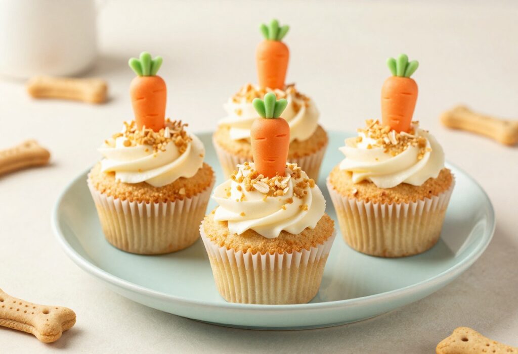 Three homemade dog cupcakes with apple carrot flavor and oatmeal crumb topping on a plate