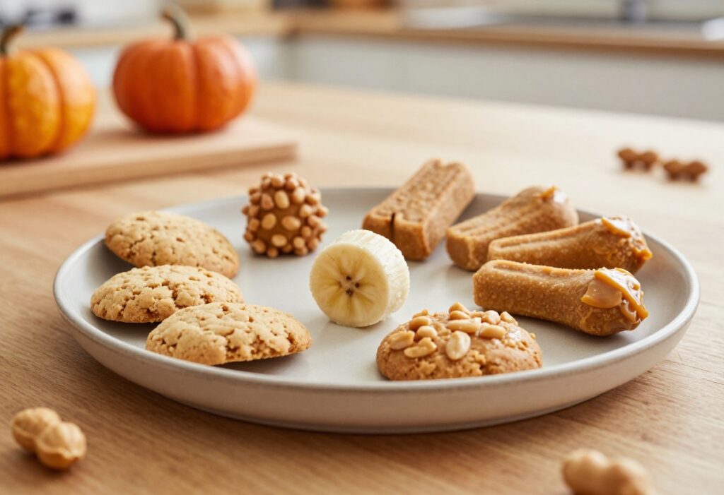 Homemade dog treats with peanut butter crunch bites arranged on a wooden table, with a dog looking on.