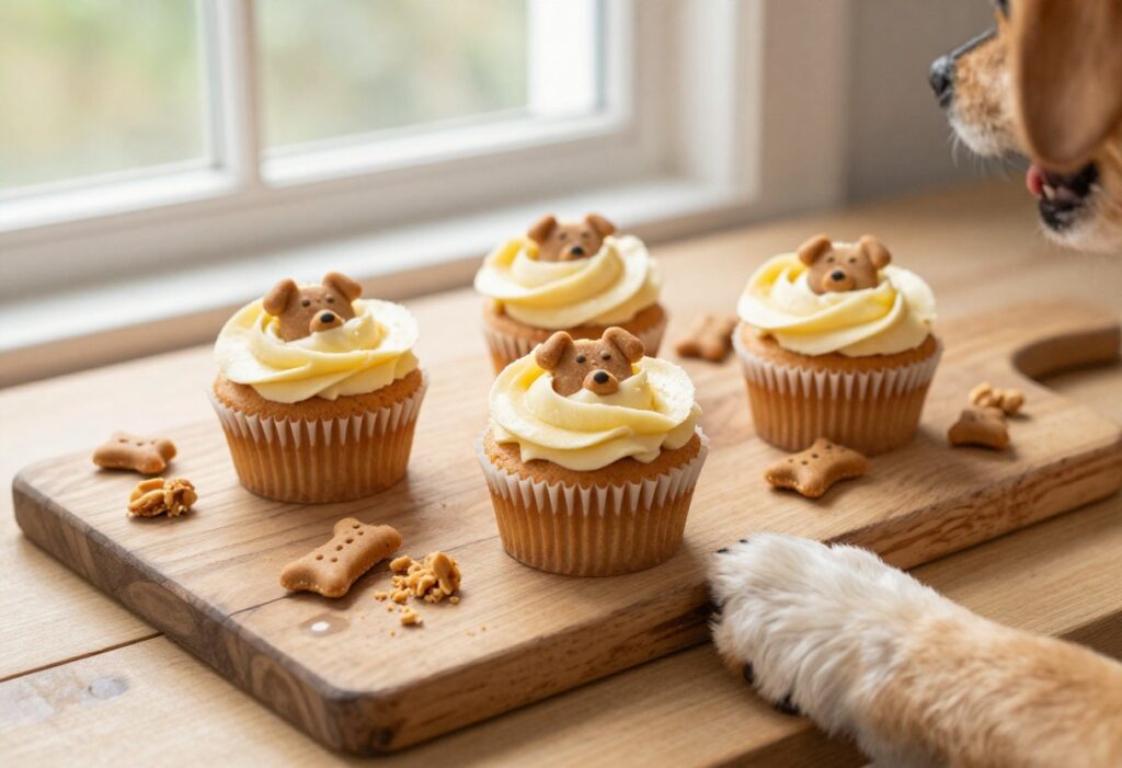 Homemade peanut butter dog cupcakes with creamy banana swirl on a wooden board, with a dog's paw reaching for one.
