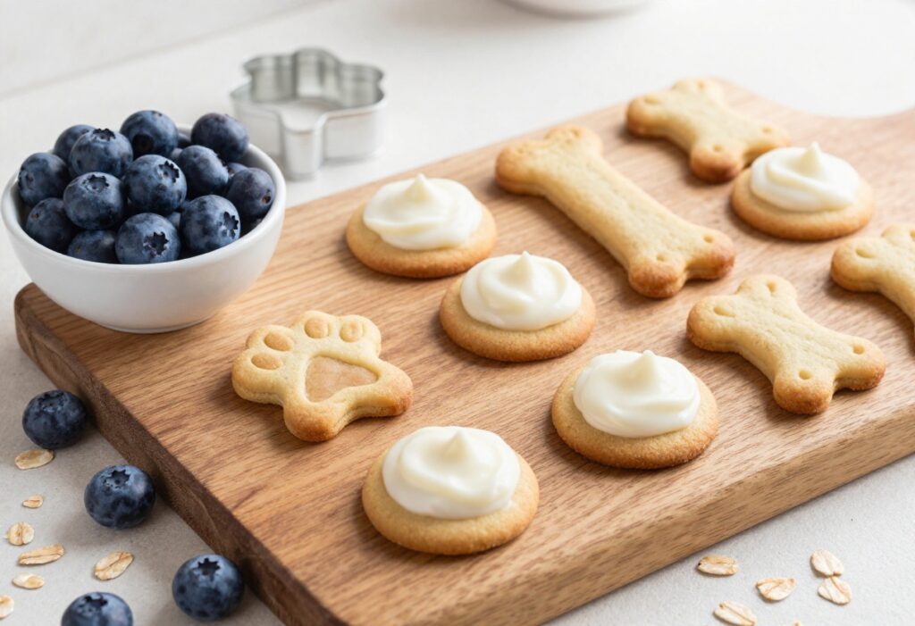 Homemade blueberry dog treats with oats and yogurt arranged on a wooden board with fresh blueberries and oats