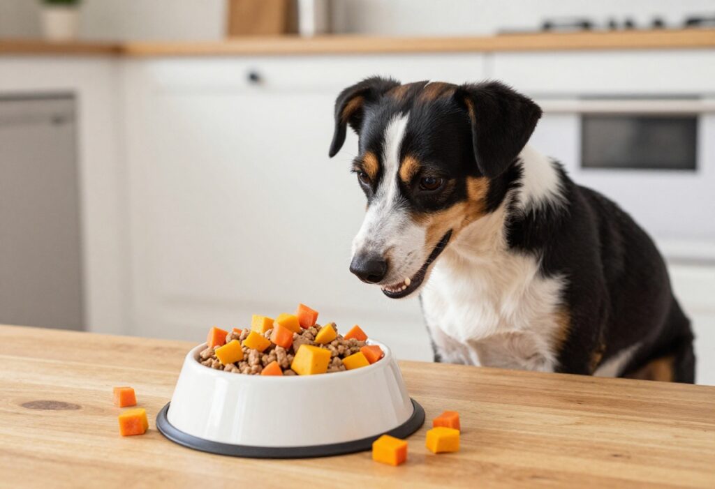 Homemade ground chicken dog food with pumpkin and carrots in a dog bowl, with a dog waiting nearby.