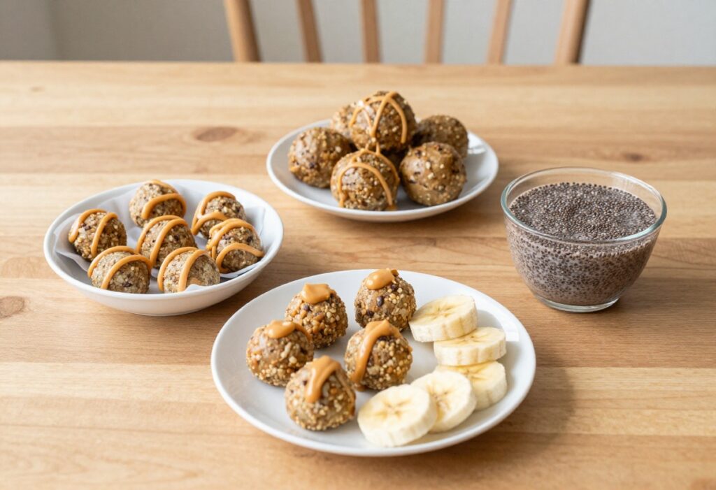 Homemade no-bake dog treats with peanut butter, banana, and chia arranged on a table